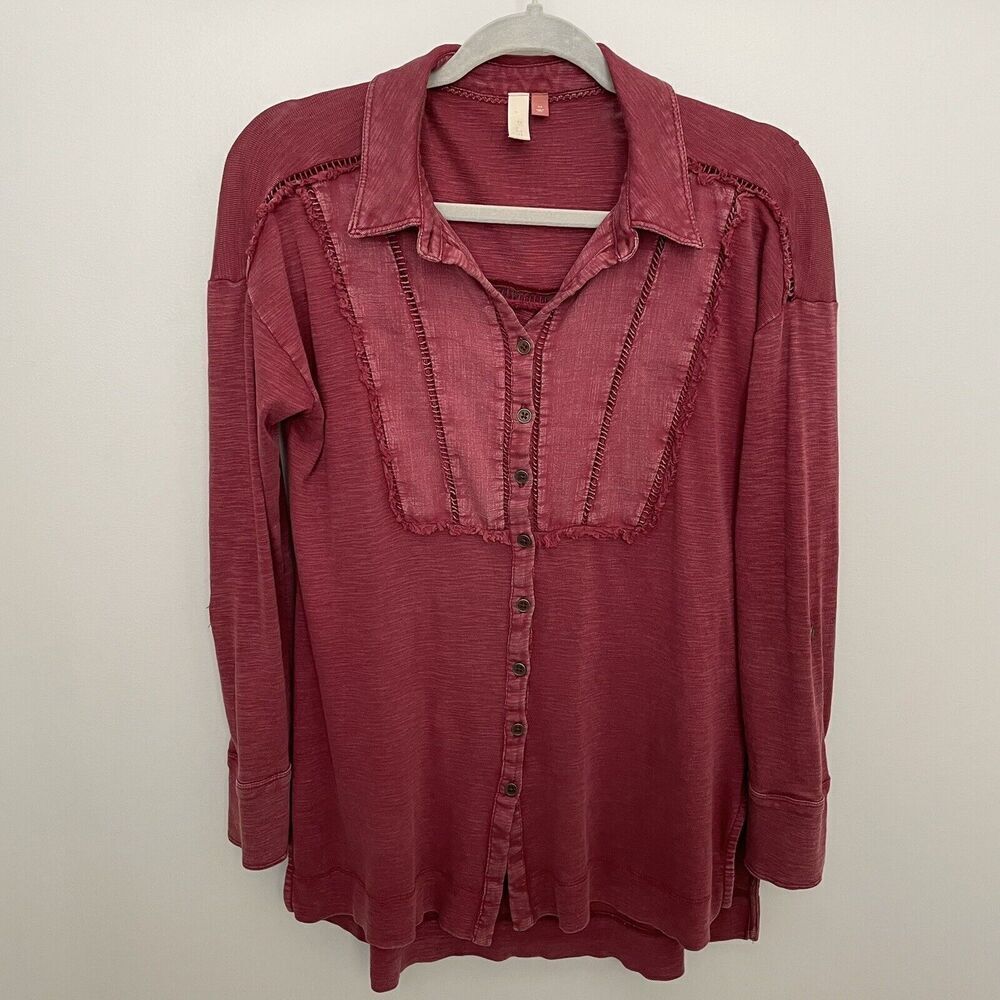 Pilcro Boho Peasant Top Women's XS Long Roll Tab Sleeve Ladder Stitch Trim Red
